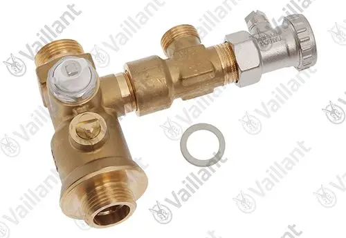 Vaillant Wartungshahn mit integrierter Absperrvorrichtung, Kupfer- und Metallkomponenten, Zubehörteil für Heizungs- und Sanitärinstallationen.